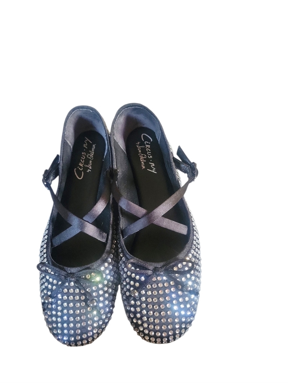 Circus by Sam Edelman Black Crystal Ballet Flats with Crossed Satin Straps